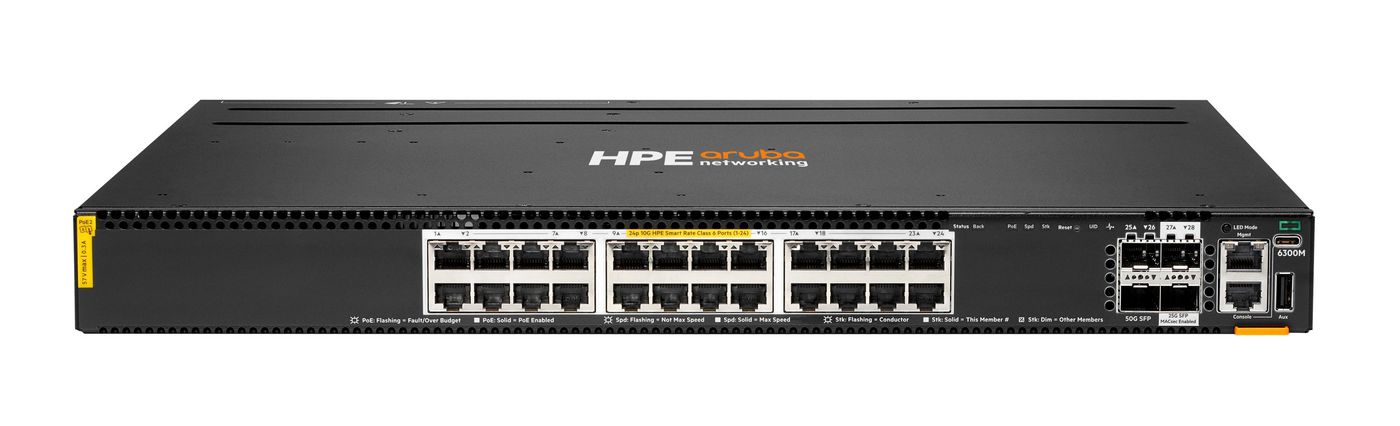 HPE Aruba 6300M Switch 24 Port Smart Rate 1/2.5/5/10G Class 6 PoE and 2 Port 50G and 2 Port 25G Layer 3 Stackable 1U One Touch