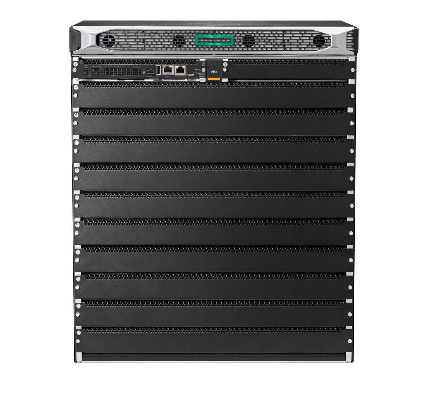 HPE Aruba 6410 v2 Switch 2 Management Module Slots 10 Line Module Slots 4 Power Supply Slots 4 Fan Tray Slots 12U w/o PSU