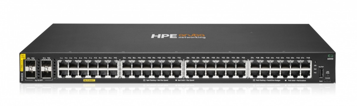 HPE Aruba Networking CX 6000 48p 10M/100M/1G Class4 PoE 4p SFP 1G 370W Switch (R8N85B)