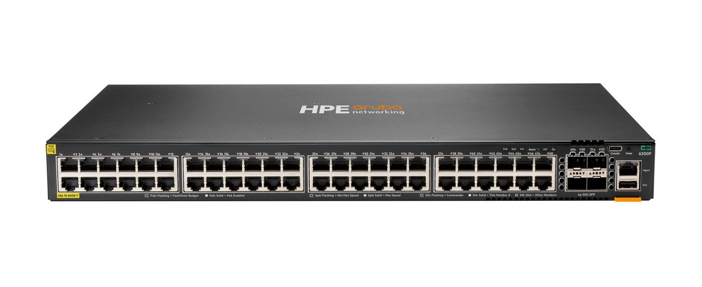 HPE Aruba Networking CX 6300F 48-port 1GbE Class 4 PoE and 4-port SFP56 Switch JL665A