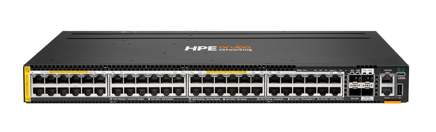 Hewlett Packard Enterprise Anw Cx 6300L 48P Smart Rate 100M/1G/2.5G/5G Class6/8 2P Sfp56 50G 2P Sfp+ 1G/10G Lrm Layer2 Sw