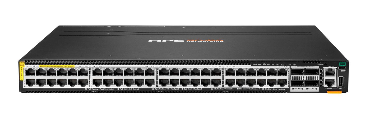 HPE Aruba Networking CX 6300M 48p SR10 1G/2.5G/5G/10G PTP/AVB Class8 PoE and 4p 100G MACsec Switch S0E91A
