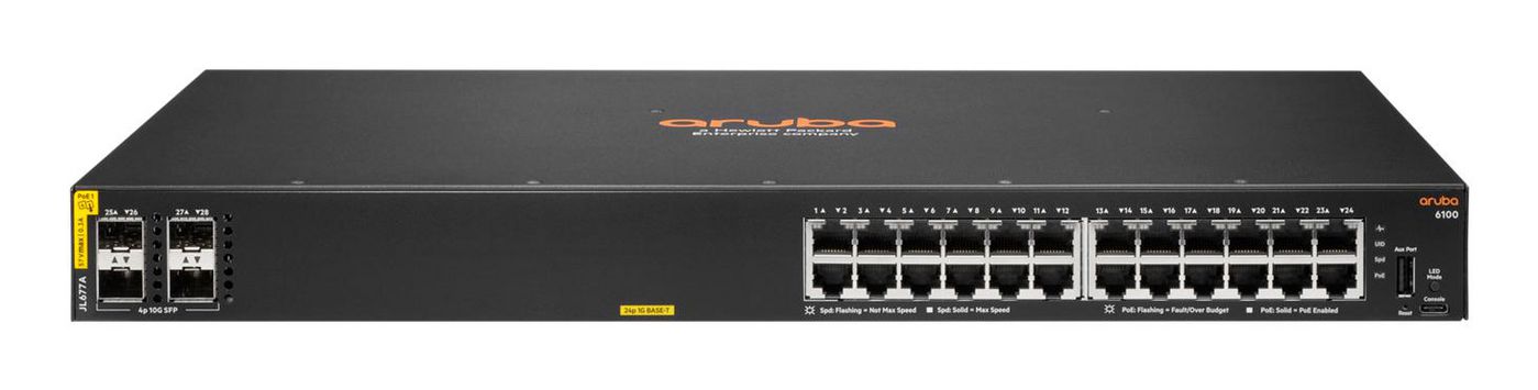 Przełącznik HPE Aruba CX 6100 (24 × RJ-45 + 4 × SFP+, PoE Class 4, budżet PoE 370 W) (odnowiony)